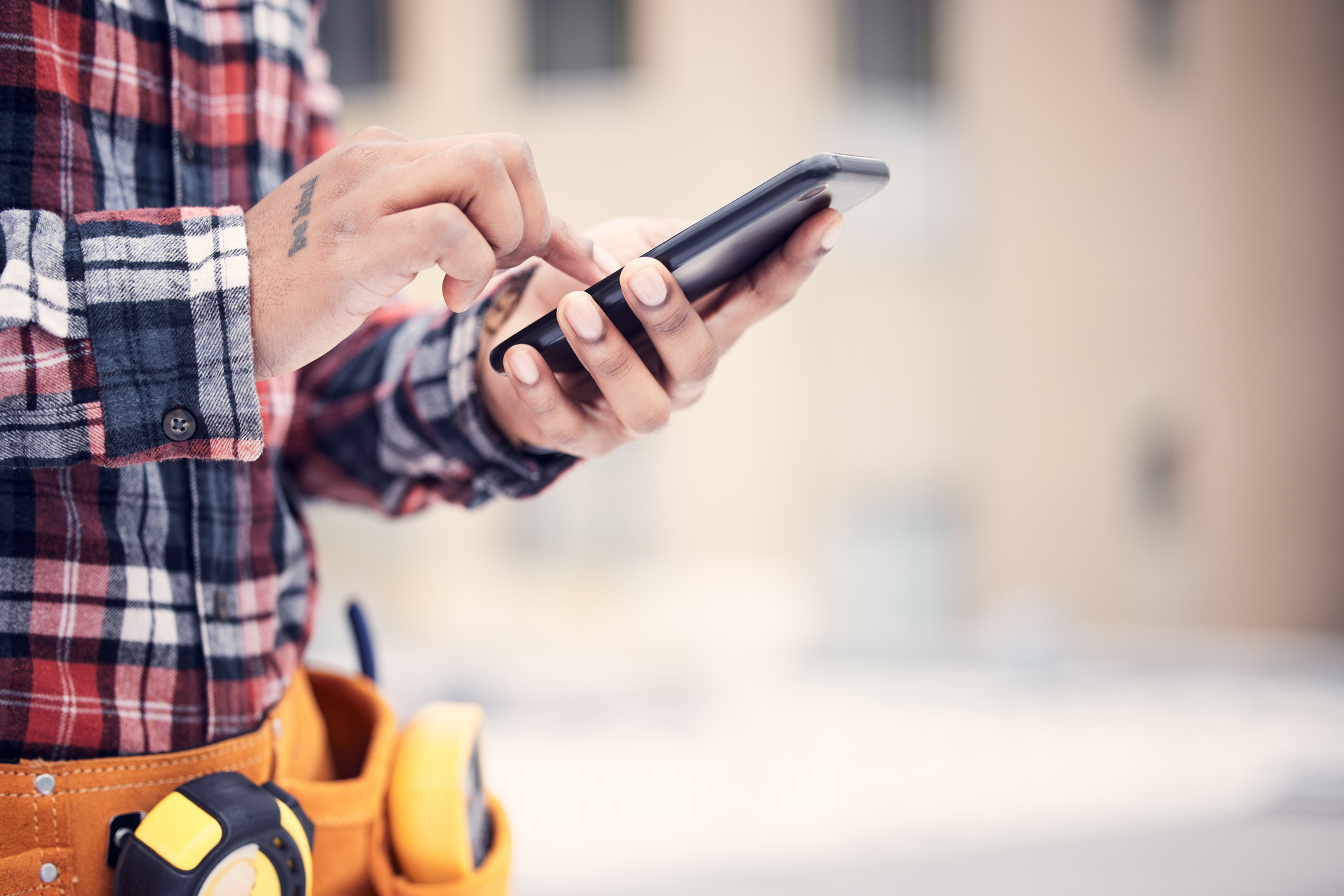 Phone, hands and maintenance man typing online search for repair instructions, guide manual or scroll on website ui. Outdoor mobile connection, smartphone mockup and male handyman check schedule info