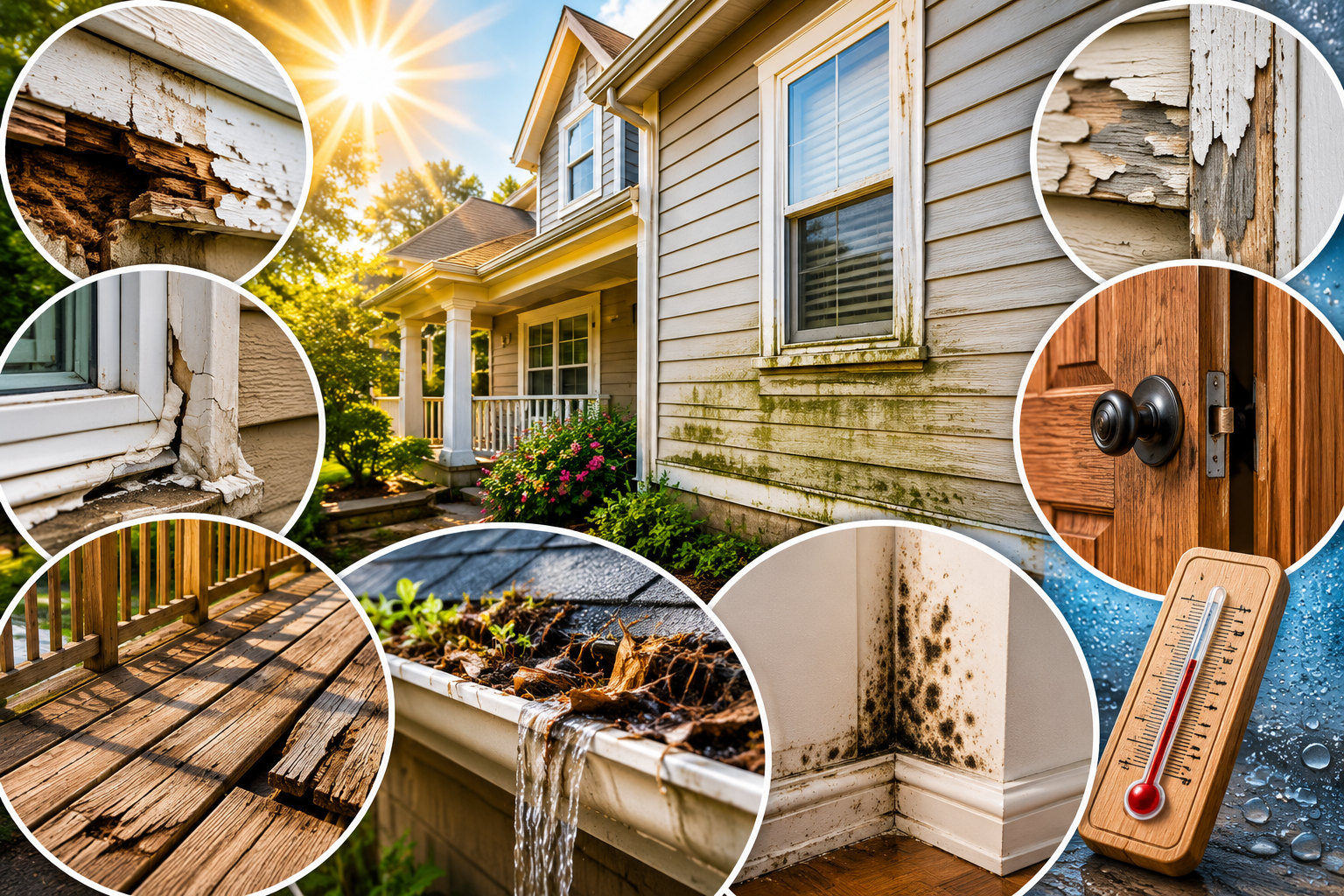 Atlanta home exterior showing heat, humidity, wood rot, clogged gutters, deck wear, and mold warning signs