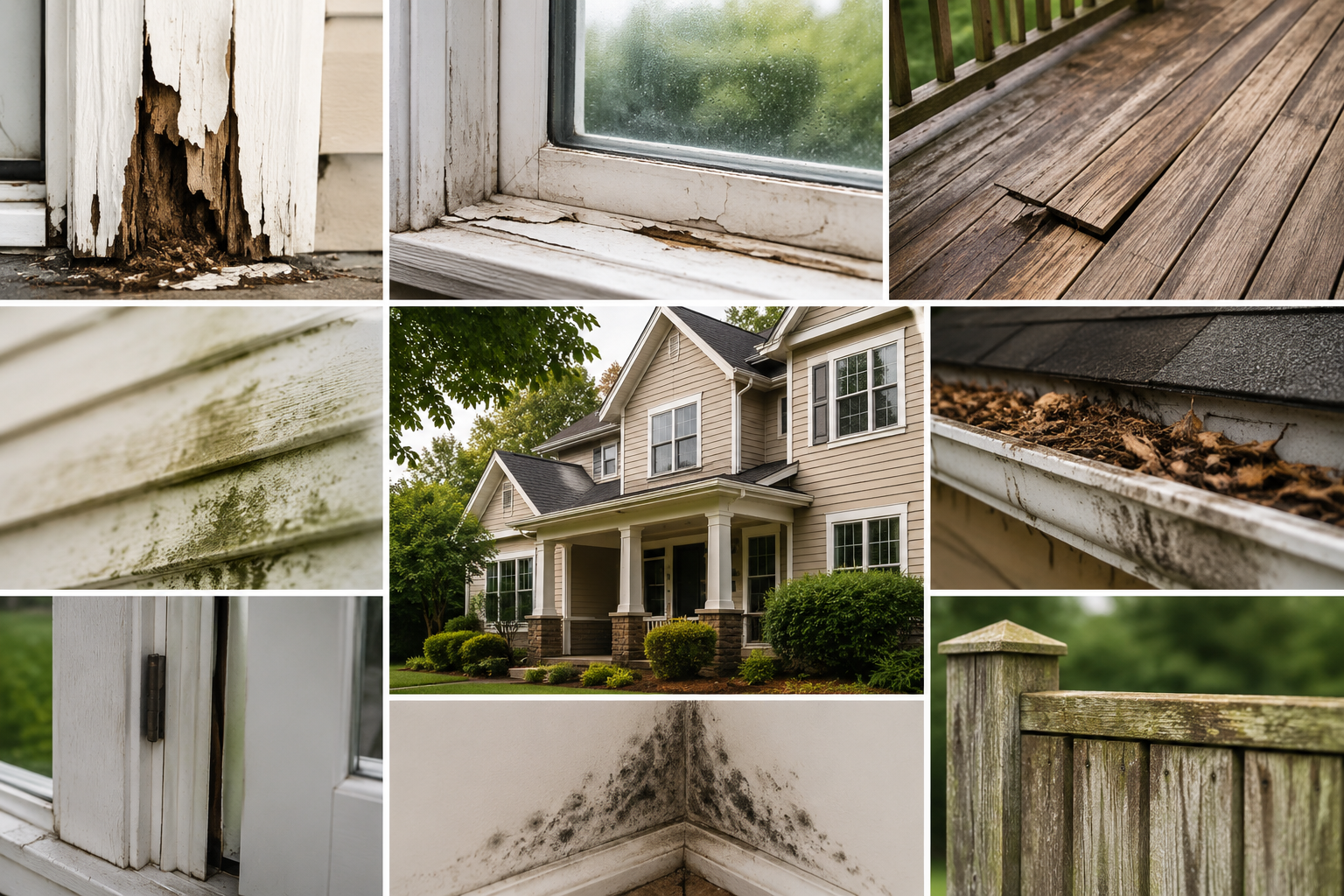 Close-up of rotted exterior trim and damaged siding on an Atlanta home