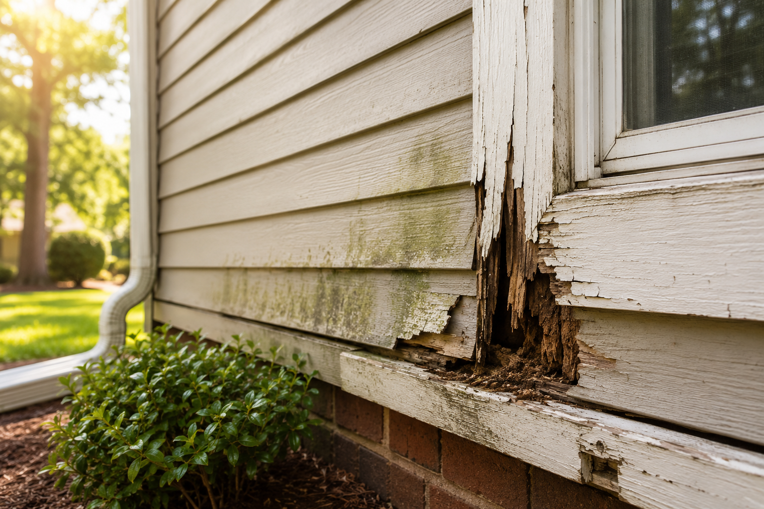 Collage of Atlanta home maintenance warning signs including window rot, deck damage, clogged gutters, mold, and fence wear